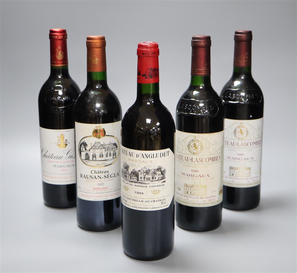 Two bottles of Chateau-Lascombes, Margaux, 1986, one Giscours, 1994, one Rausan-Segla, 1992 & one DAngludet, 1994.